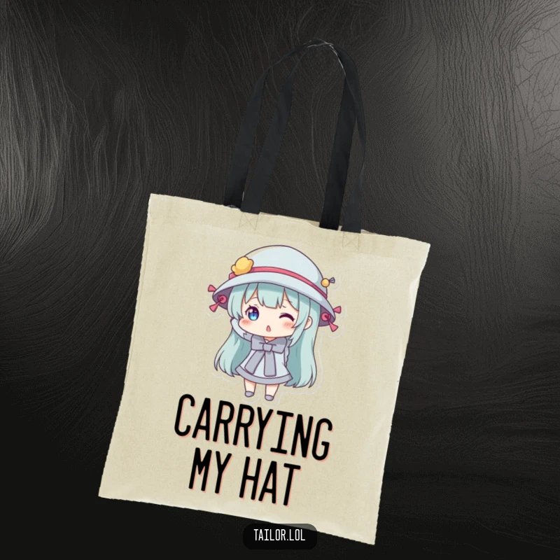 Funny tote bag with a character playfully trying on a hat decorated with sewing bobbins, ideal for carrying craft supplies.