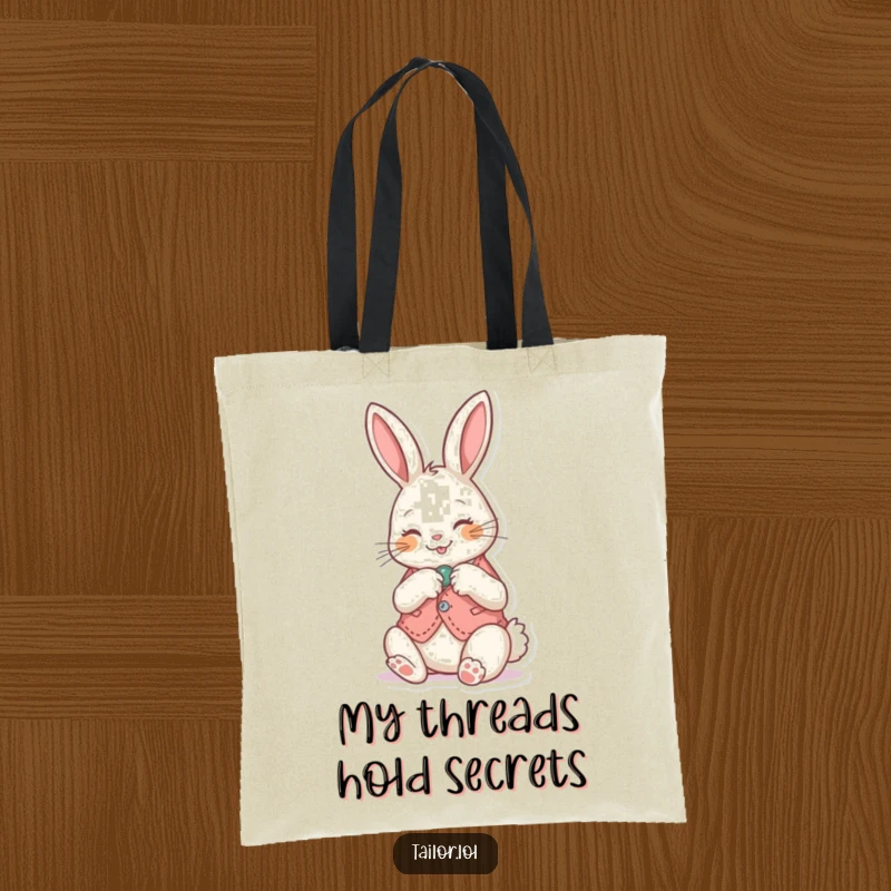 Funny Tote Bag: Cute bunny meticulously sewing a button onto a tiny vest, conveying a love for detailed work.