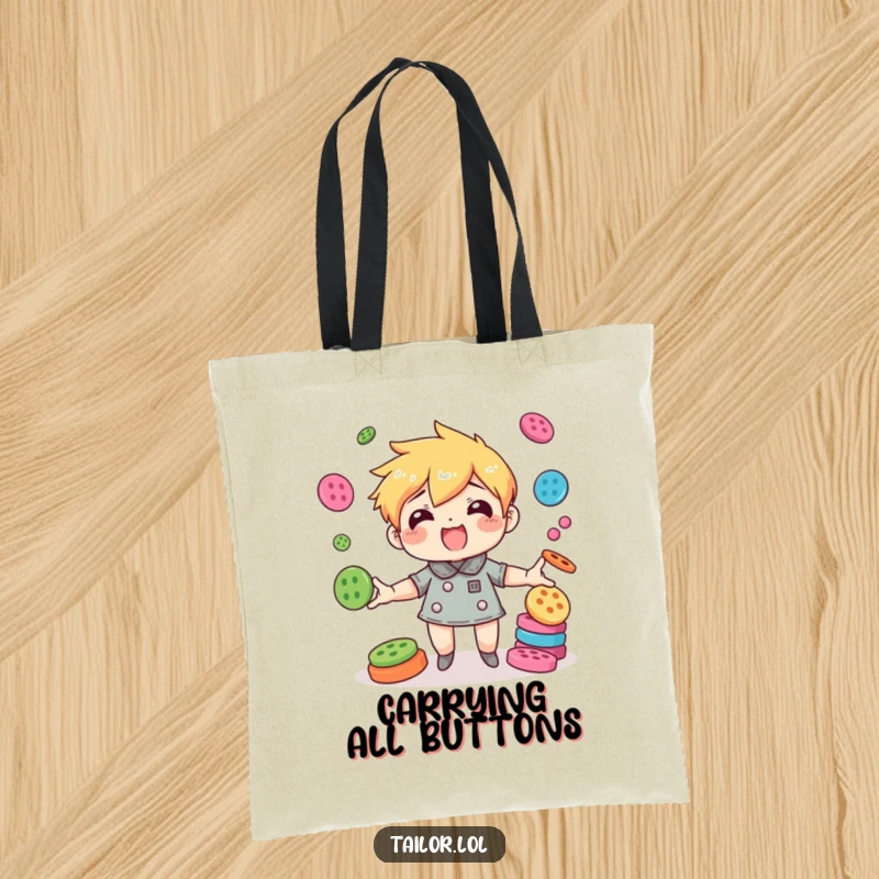 Funny character juggling colorful buttons with great agility, a humorous and practical tote bag.