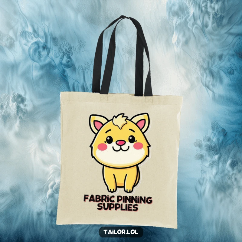 Funny determined sewer tote bag, a cheerful animal pinning fabric with determination, a practical and humorous accessory.