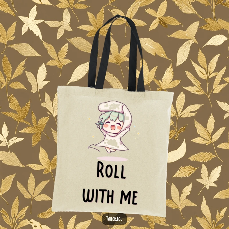 Funny tote bag featuring a character joyfully bouncing a roll of fabric, perfect for carrying craft supplies with a humorous touch.