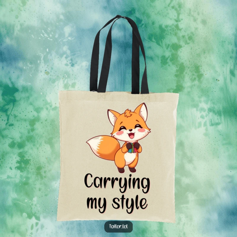 Funny tote bag featuring an excited fox pinning a colorful swatch to its tail, a charming accessory for crafters.