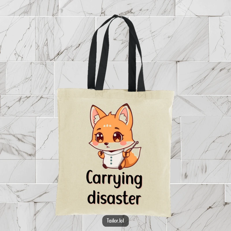 Funny surprised fox tailor dropping a needle, wide-eyed, reusable tote bag, sewing humor, perfect funny gift.