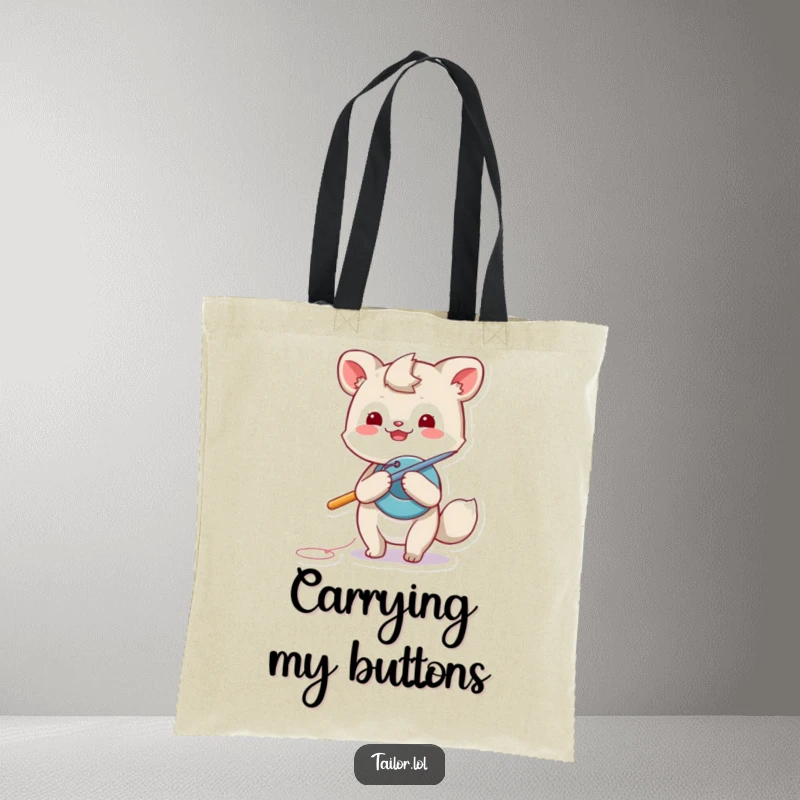 Funny animal tote bag, a playful creature using a giant needle to sew a button, ideal for carrying mending supplies.