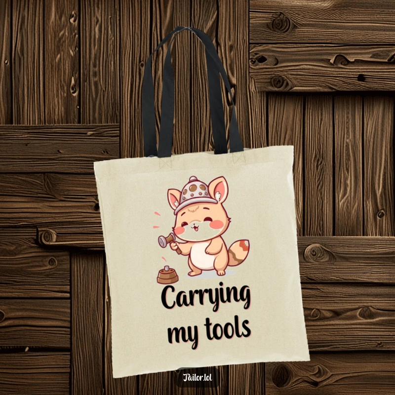 Funny tote bag with an animal wearing a thimble as a hat, enthusiastically hammering, great for carrying tools.