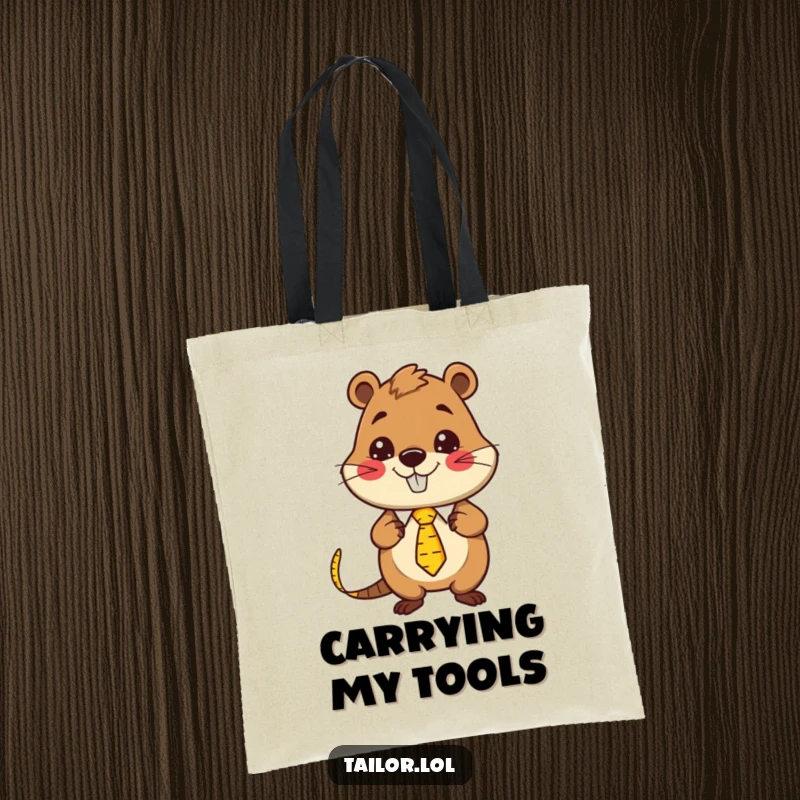 Funny Kawaii beaver tailor character wearing a measuring tape as a necktie, a humorous and functional tote bag for sewers.