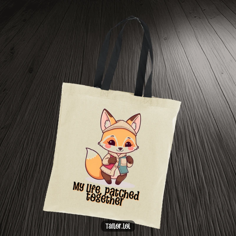 Funny playful Kawaii fox tailor character sewing a quirky, mismatched patch on a tote bag, excellent funny gift.