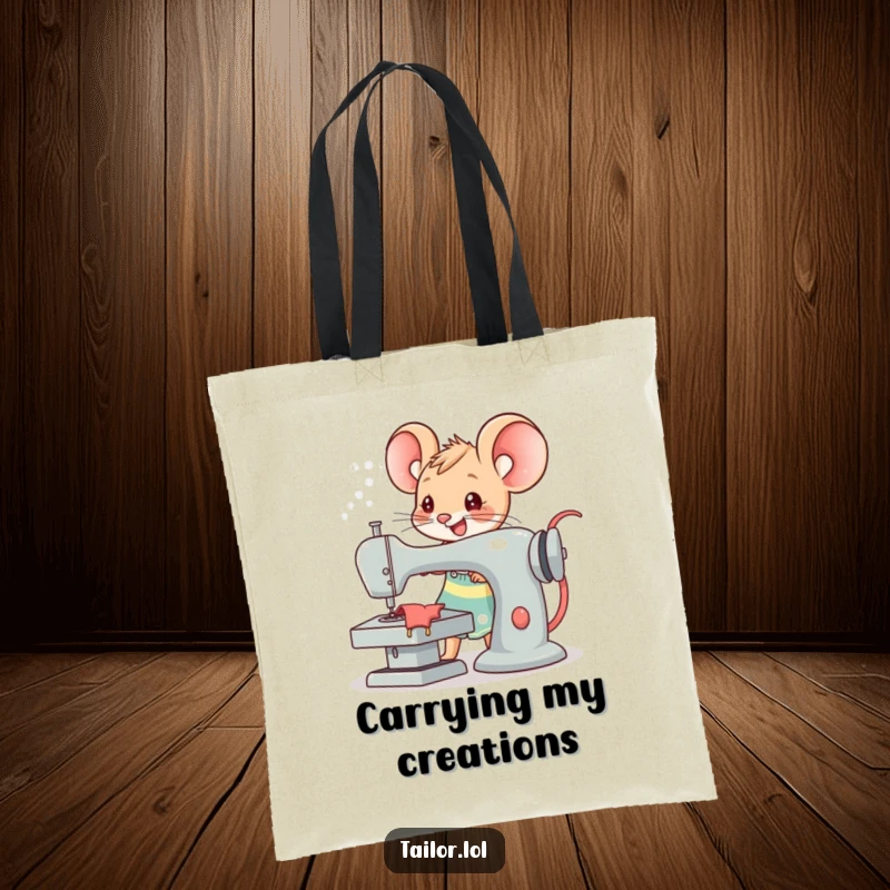 Funny Kawaii mouse tailor character joyfully operating an oversized sewing machine, a humorous and practical tote bag for sewers.