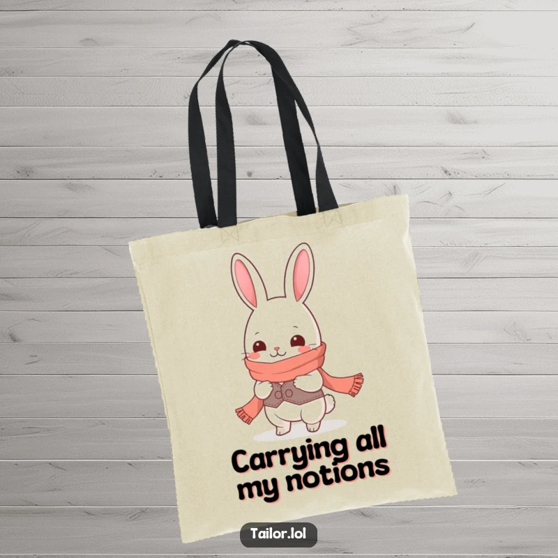 Funny giggling Kawaii rabbit tailor character measuring a ridiculously long scarf on a durable tote bag, perfect funny gift.