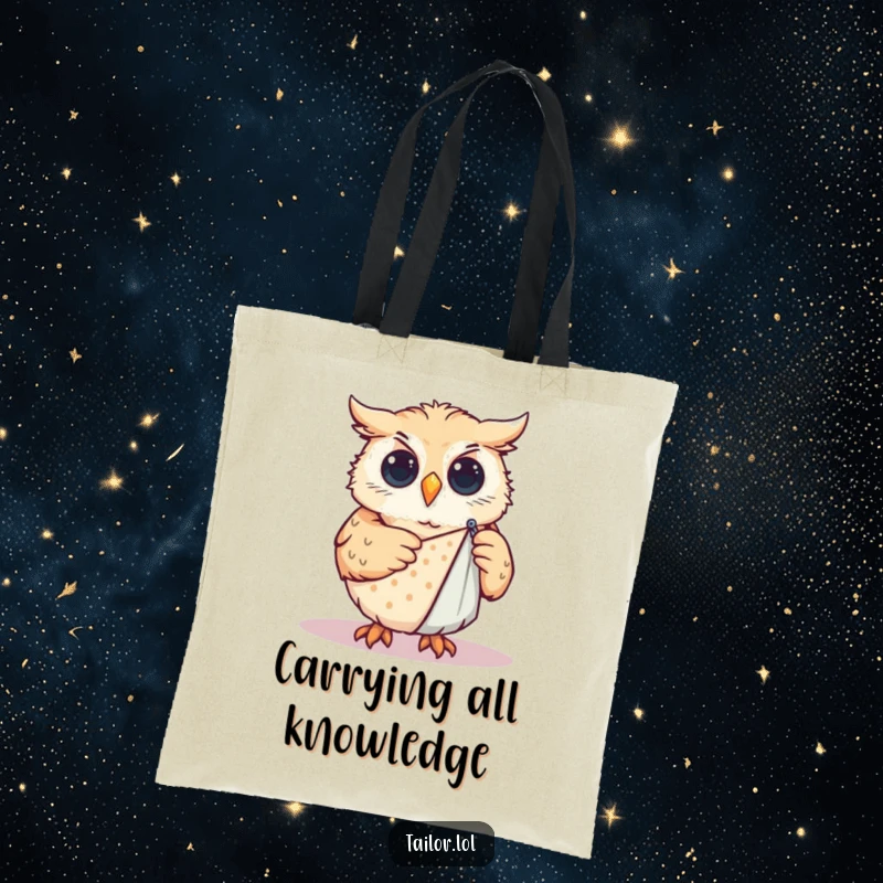 Funny Tote Bag: Curious owl pinning a sewing pattern onto fabric, a humorous accessory for pattern lovers and crafters.