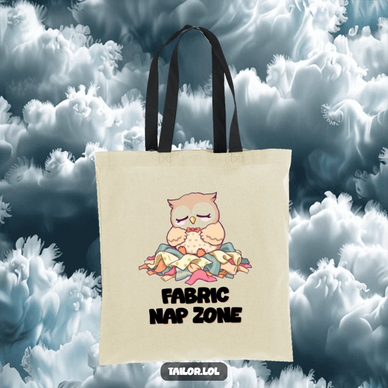 Funny Tote Bag: A sleepy Kawaii owl tailor character rests on fabric scraps, adding a touch of quiet humor and crafting charm.