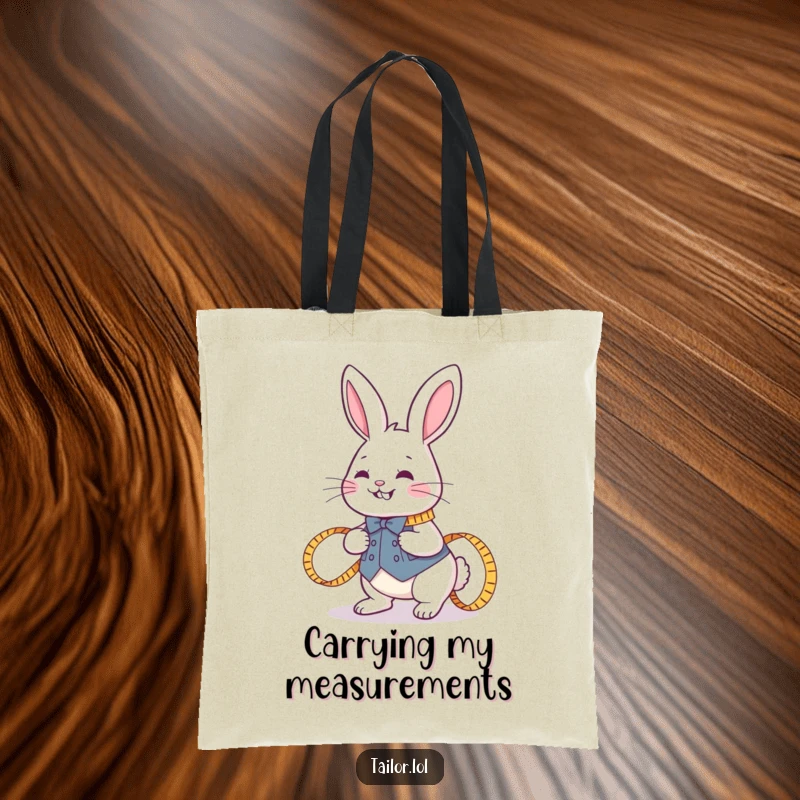 Funny joyful rabbit tailor carrying a measuring tape on a tote bag, great for sewing supplies and humorous charm.