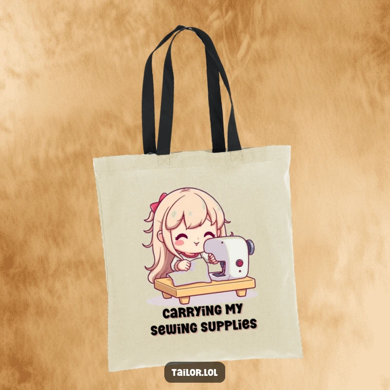 Funny tote bag featuring a determined character using a sewing machine, ideal for carrying sewing supplies and projects.