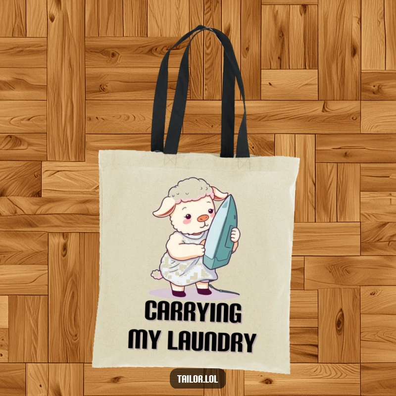 Funny silly sheep tote bag art of a sheep trying to iron a wrinkled shirt with a giant iron, showing comical domesticity.