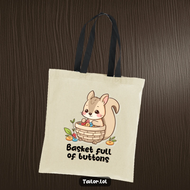 Funny playful squirrel character collecting buttons in a basket, a charming and functional tote bag.