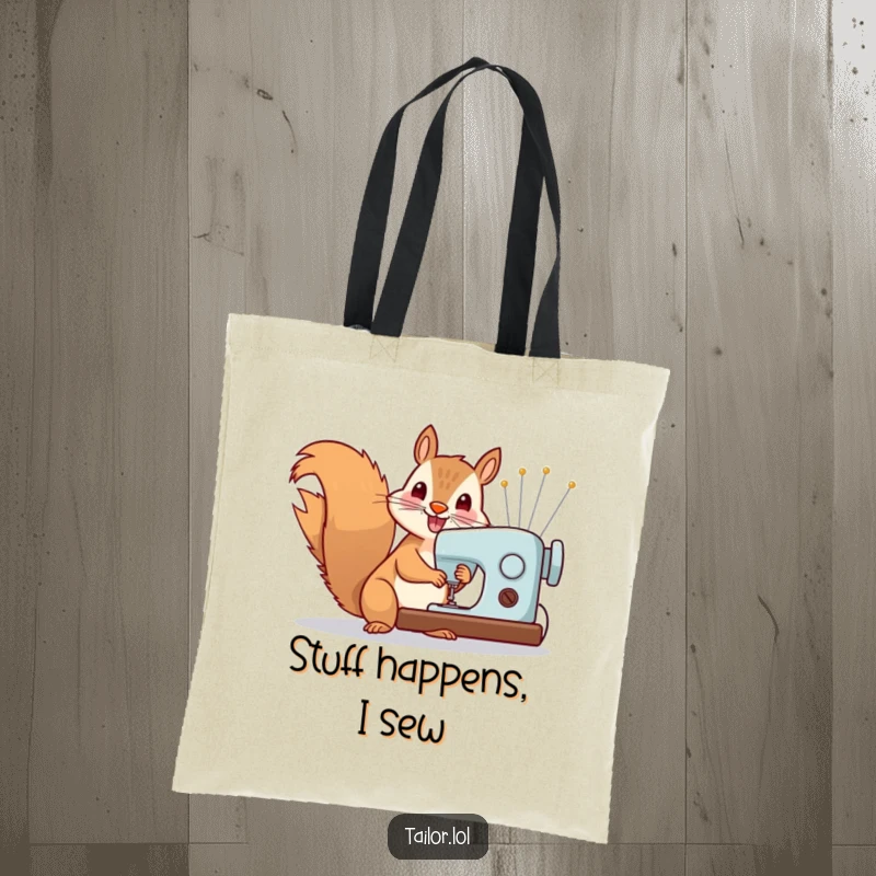 Funny Tote Bag: Cheerful squirrel operating a sewing machine with comically large needles, highlighting a love for bold sewing projects.