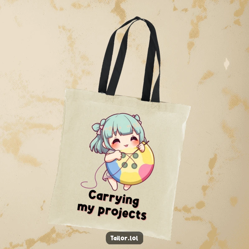 Funny character happily stitching a large button, depicted on a durable and charming tote bag.