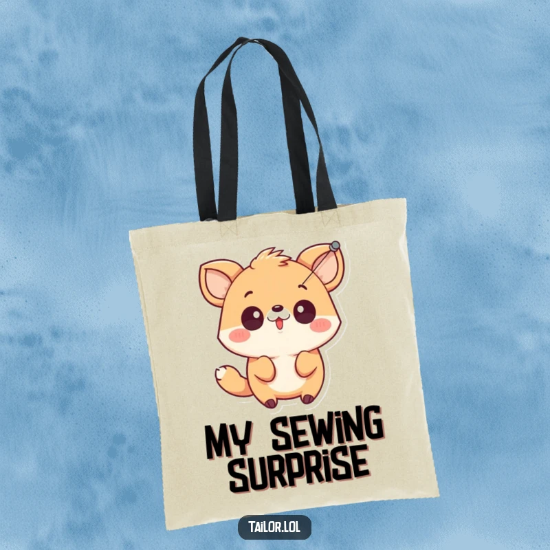Funny cute animal character looking surprised by a needle and thread, printed on a durable tote bag for humorous errands.
