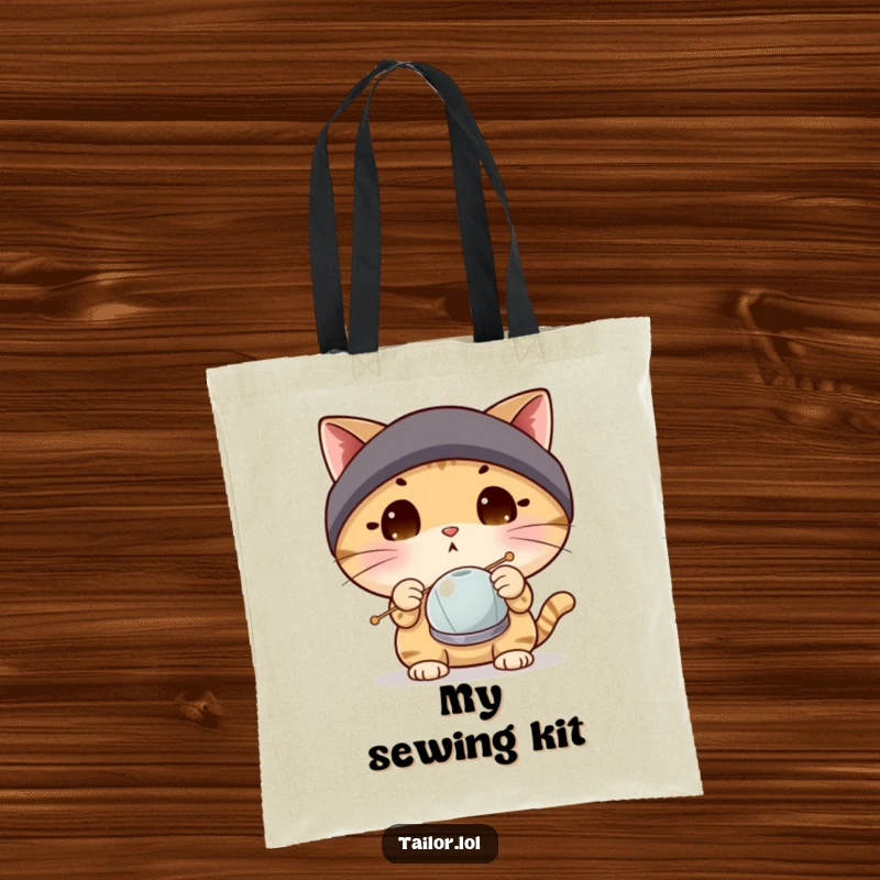 Funny surprised cat wearing a thimble, inspecting a large needle, on a practical tote bag for sewing enthusiasts.