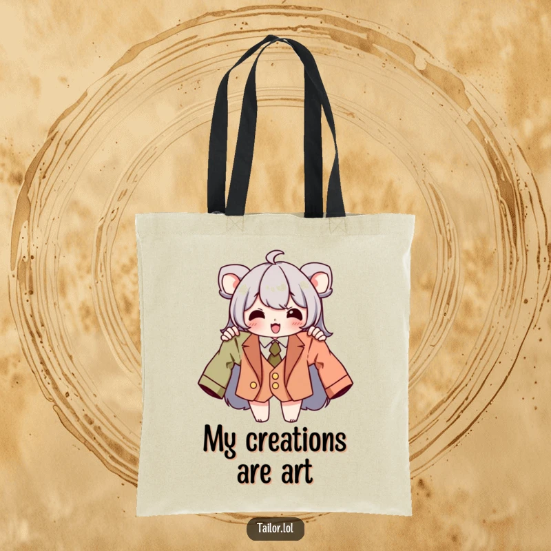 Funny tailor tote bag illustrating a character proudly displaying a perfectly tailored garment, highlighting a passion for fashion.