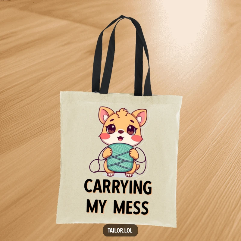 Funny Tangled Animal Tote Bag, a surprised animal character wrapped in thread, a fun and functional bag for life's snags.