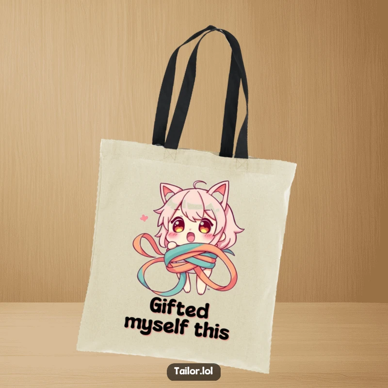 Funny tote bag featuring a surprised character amusingly tangled in a long ribbon, ideal for carrying items with a humorous flair.
