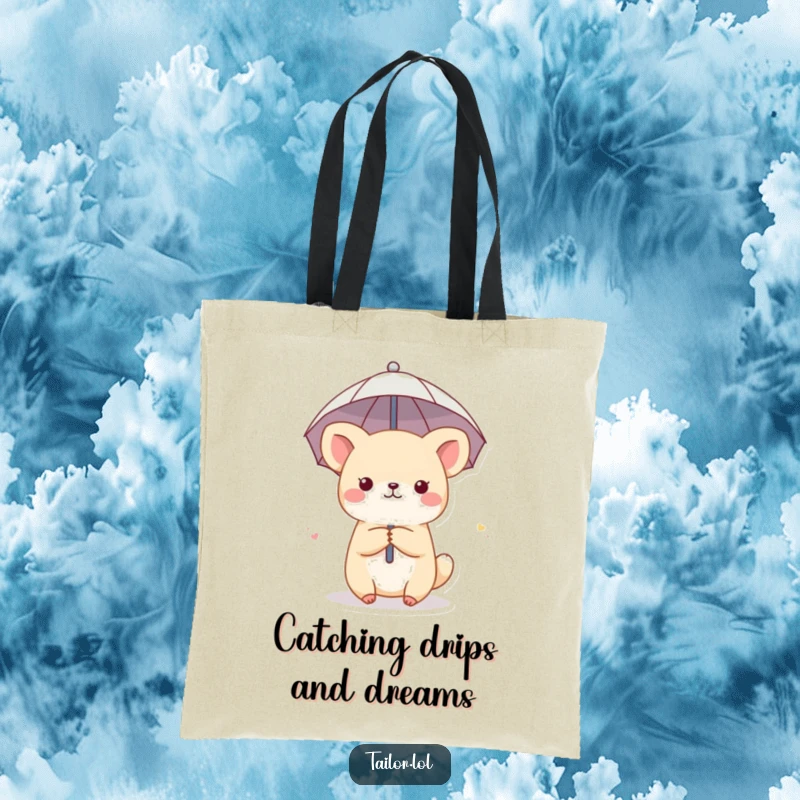 Funny tote bag featuring a cute animal character using a thimble as a tiny umbrella, perfect for stylish, humorous everyday use.