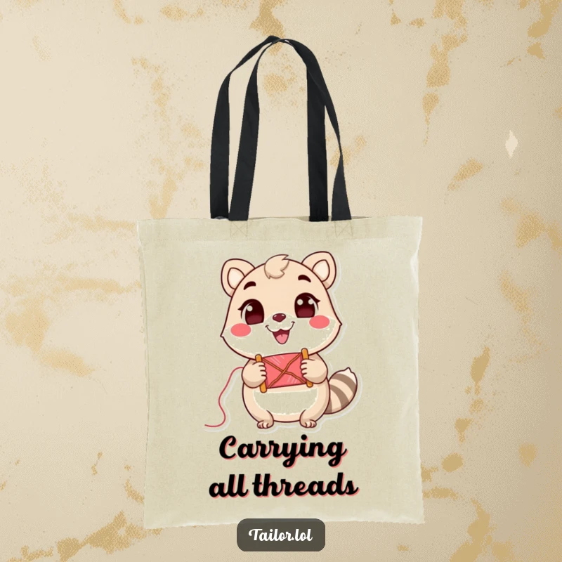 Funny Tote Bag: A small, cute animal character holding a spool of thread with a wide, cheerful grin, ready for projects.