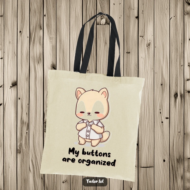 Funny Tote Bag: A small, cute animal character intently adjusting a tiny button on a doll-sized shirt, exuding focus.