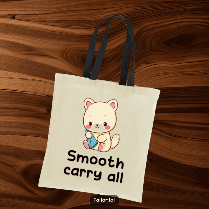 Funny Tote Bag: A small, cute animal character carefully ironing a tiny piece of fabric with a miniature iron, looking very precise.