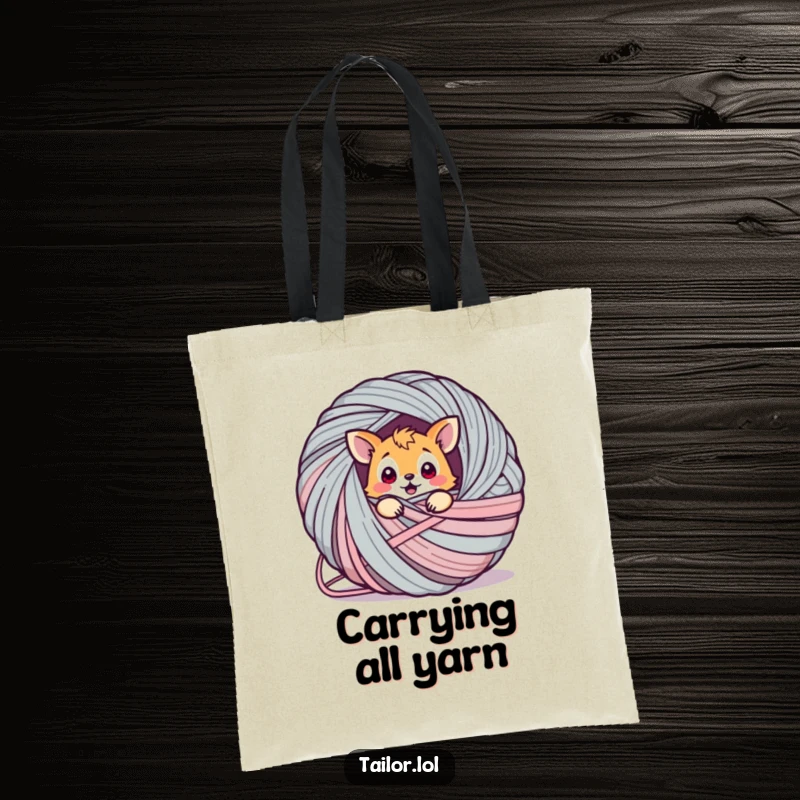 Funny animal tote bag, showing a cute creature playfully entangled in a gigantic ball of yarn, a delightful mess of threads.