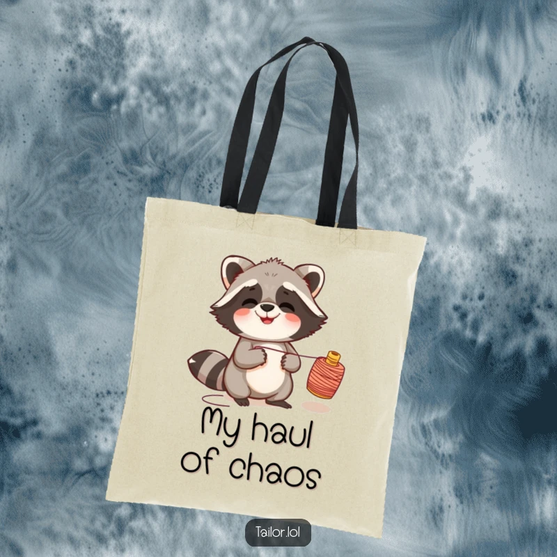Funny giggling raccoon tote bag art of a raccoon pulling a thread spool, showcasing delightful, innocent mischief.