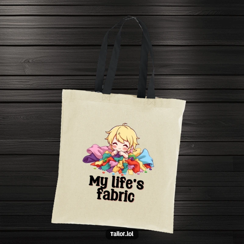 Funny tote bag with a character sorting a pile of colorful fabric scraps, designed for sewing and quilting enthusiasts. A practical and humorous gift.