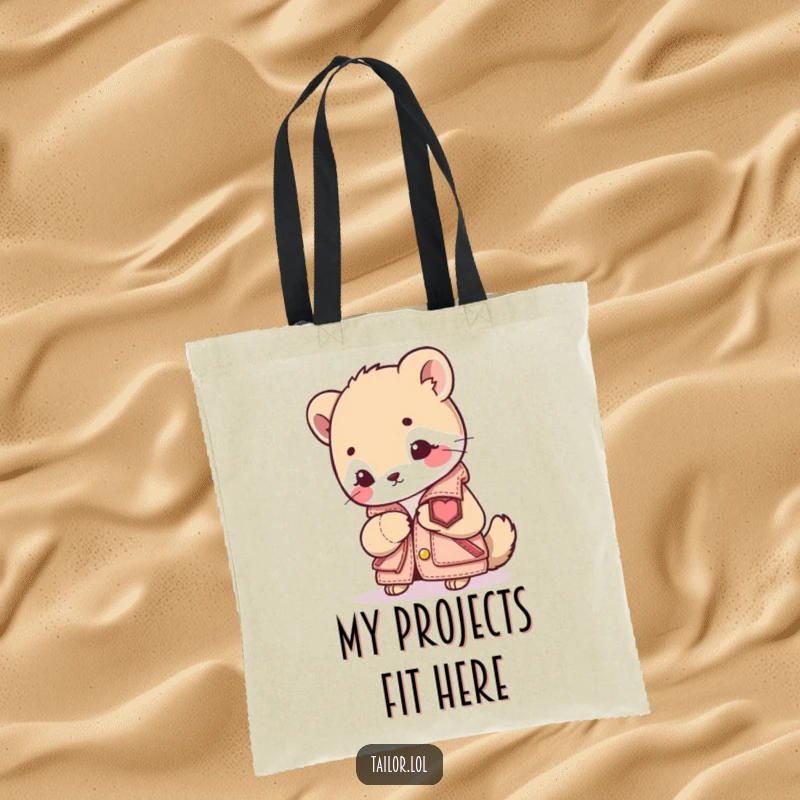 Funny Sewing Animal Tote Bag: A cute animal intently sewing a patch onto a tiny jacket. A practical and humorous bag for crafters.