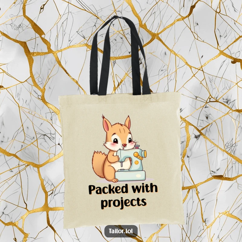 Funny tote bag with a curious squirrel enthusiastically sewing on a tiny machine, a practical and amusing accessory.