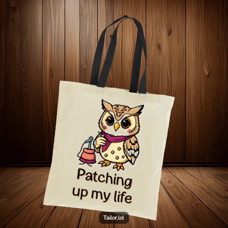 Funny cheerful owl tailor holding a needle and thread on a tote bag, great for carrying craft supplies humorously.