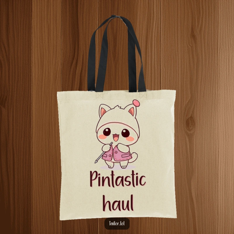 Funny tote bag with a kawaii animal character enthusiastically pinning a garment using a giant hatpin; great for crafters.