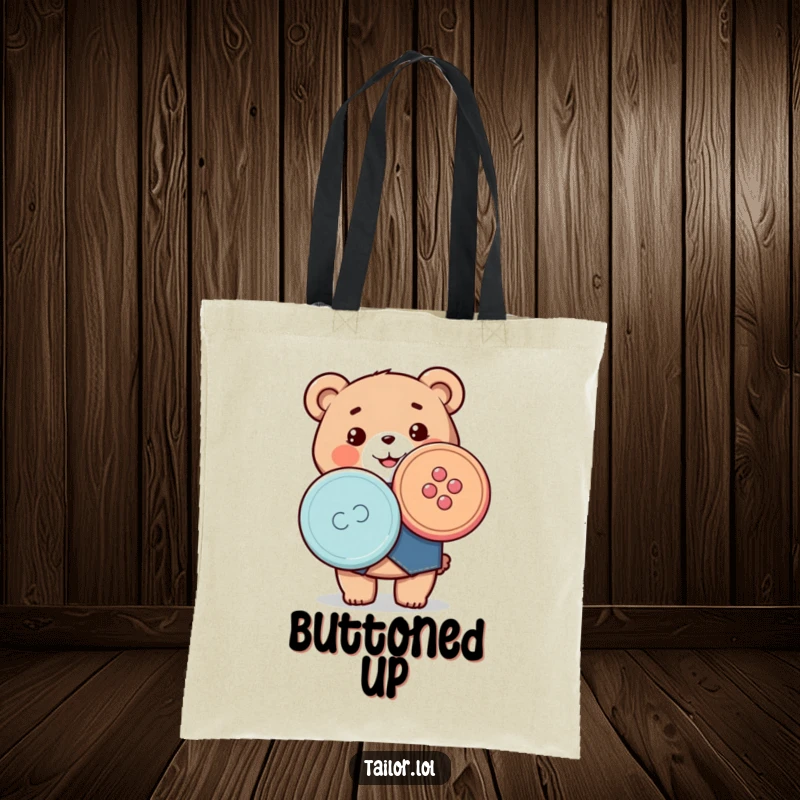 Funny tote bag featuring a happy Kawaii bear tailor proudly holding a large, colorful sewing button, perfect for carrying supplies.