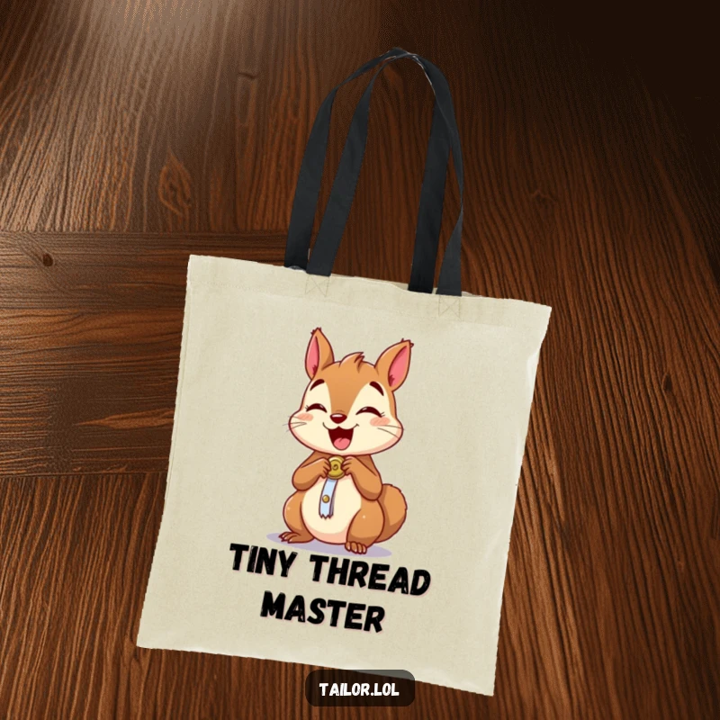 Funny tote bag with an excited squirrel character sewing a button, perfect for carrying craft supplies humorously.