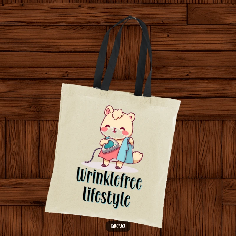Funny tote bag showing a cheerful animal character ironing clothes with a tiny, steaming iron, perfect for stylish and humorous organization.