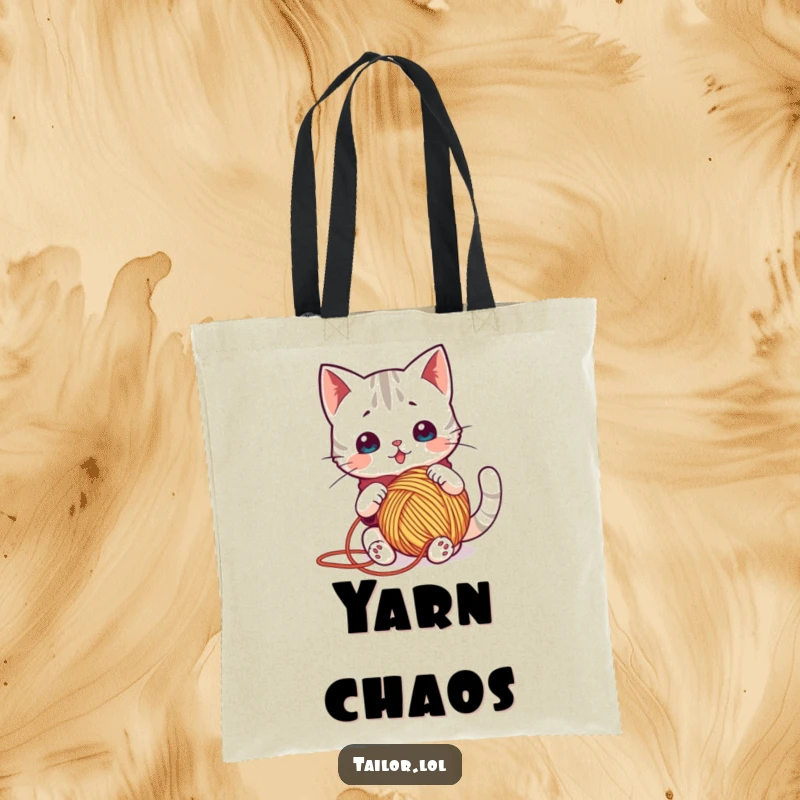 Funny tote bag featuring a surprised Kawaii cat tailor comically tangled in a large ball of yarn, perfect for carrying supplies.